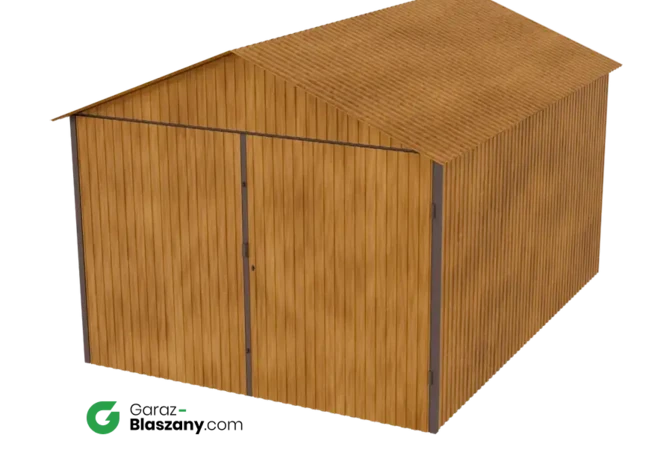 Garaż blaszany 3x4 drewnopodobny Złoty Dąb dach dwuspadowy brama dwuskrzydłowa