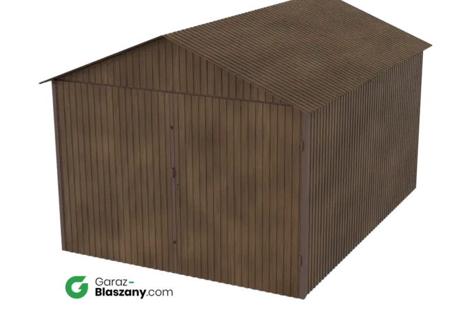 Garaż blaszany 3x4 drewnopodobny Orzech dach dwuspadowy brama dwuskrzydłowa