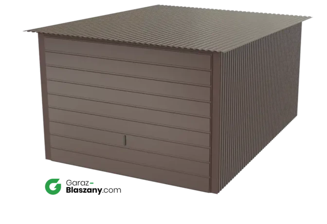 Garaż blaszany 3x4 brązowy błysk dach jednospadowy brama uchylna