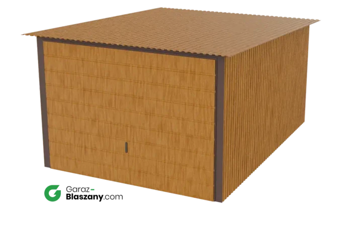 Garaż blaszany 3x4 drewnopodobny Złoty Dąb dach jednospadowy brama uchylna