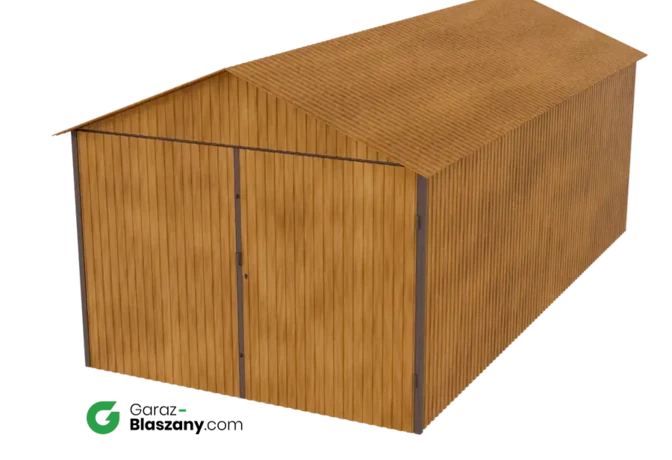 Garaż blaszany 3x6 drewnopodobny Złoty Dąb dach dwuspadowy brama dwuskrzydłowa