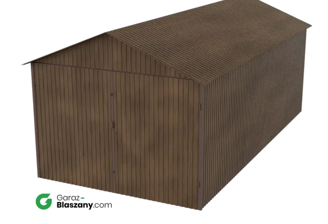 Garaż blaszany 3x6 drewnopodobny Orzech dach dwuspadowy brama dwuskrzydłowa