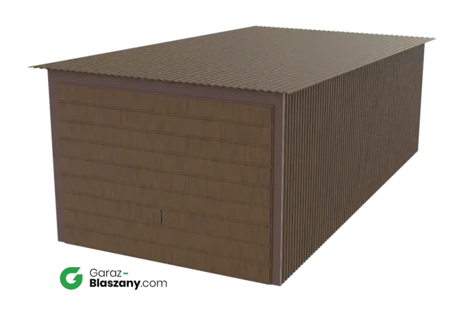 Garaż blaszany 3x6 drewnopodobny Orzech dach jednospadowy brama uchylna