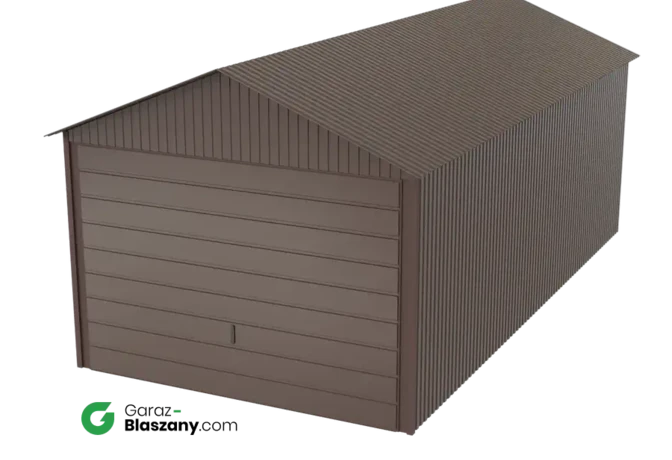 Garaż blaszany 3x6 brązowy BŁYSK dach dwuspadowy brama uchylna
