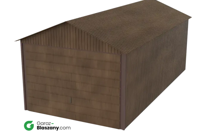 Garaż blaszany 3x6 drewnopodobny Orzech dach dwuspadowy brama uchylna