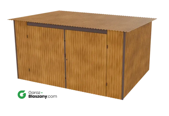 Garaż blaszany 4x3 drewnopodobny Orzech dach jednospadowy brama dwuskrzydłowa