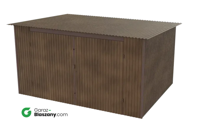 Garaż blaszany 4x3 drewnopodobny Orzech dach jednospadowy brama dwuskrzydłowa