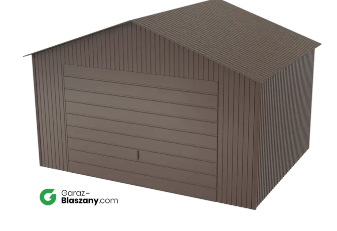 Garaż blaszany 4x3 brązowy BŁYSK dach dwuspadowy brama dwuskrzydłowa