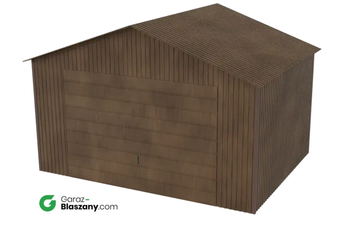 Garaż blaszany 4x3 drewnopodobny Orzech dach dwuspadowy brama dwuskrzydłowa