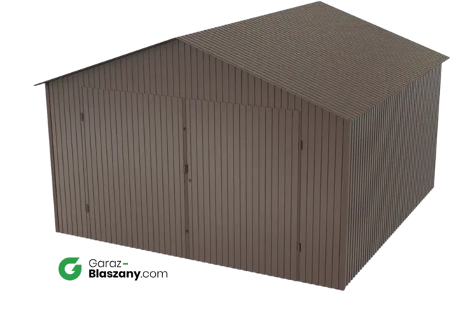Garaż blaszany 4x4 brązowy BŁYSK dach dwuspadowy brama dwuskrzydłowa
