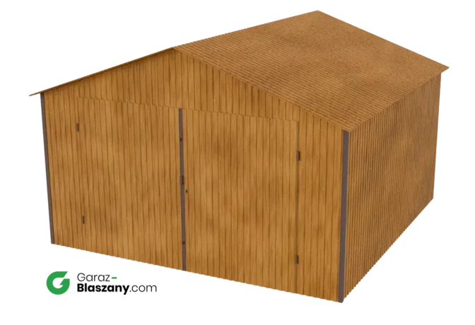 Garaż blaszany 4x4 drewnopodobny Złoty Dąb dach dwuspadowy brama dwuskrzydłowa