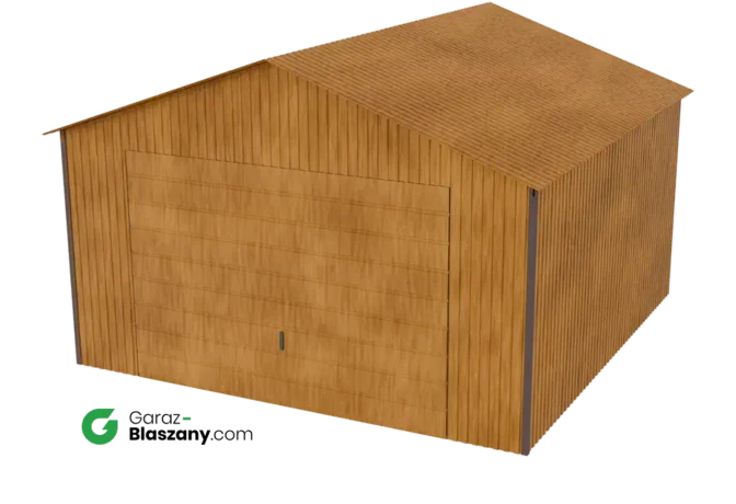 Garaż blaszany 4x4 drewnopodobny Złoty Dąb dach dwuspadowy brama uchylna