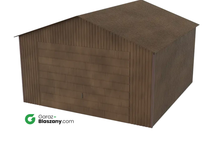 Garaż blaszany 4x4 drewnopodobny Orzech dach dwuspadowy brama uchylna