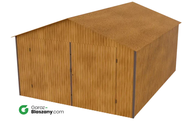 Garaż blaszany 4x5 drewnopodobny Złoty Dąb dach dwuspadowy brama dwuskrzydłowa