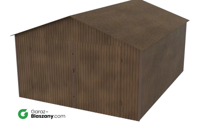 Garaż blaszany 4x5 drewnopodobny Orzech dach dwuspadowy brama dwuskrzydłowa