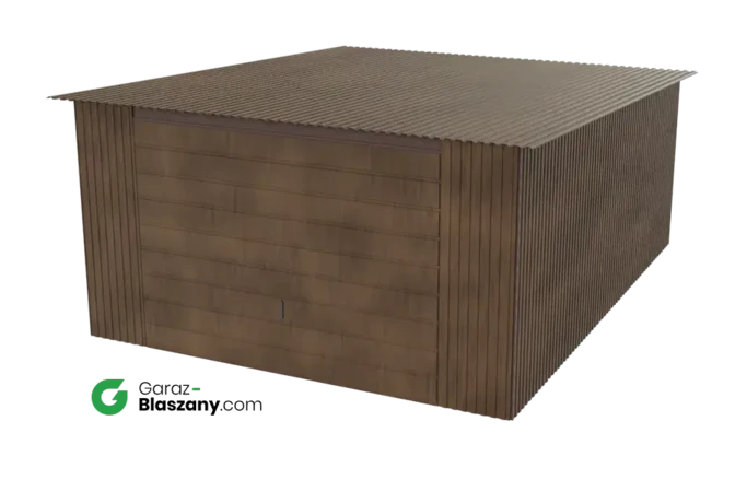Garaż blaszany 4x5 drewnopodobny Orzech dach jednospadowy brama uchylna