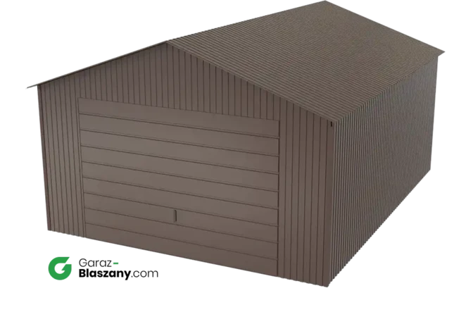 Garaż blaszany 4x5 brązowy BŁYSK dach dwuspadowy brama uchylna