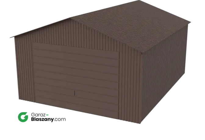 Garaż blaszany 4x5 brązowy MAT dach dwuspadowy brama uchylna