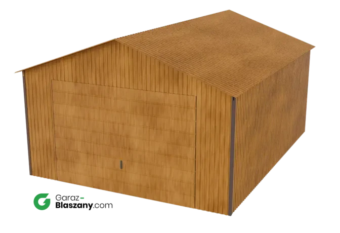 Garaż blaszany 4x5 drewnopodobny Złoty Dąb dach dwuspadowy brama uchylna