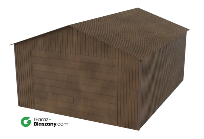 Garaż blaszany 4x5 drewnopodobny Orzech dach dwuspadowy brama uchylna