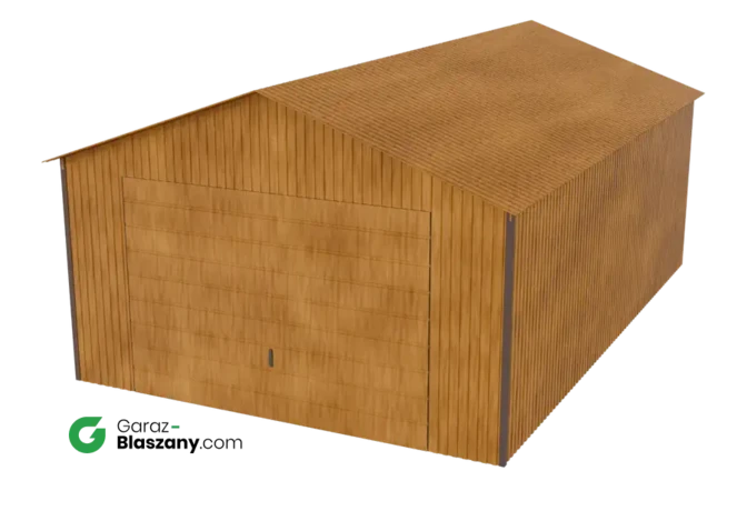 Garaż blaszany 4x6 drewnopodobny Złoty Dąb dach dwuspadowy brama uchylna