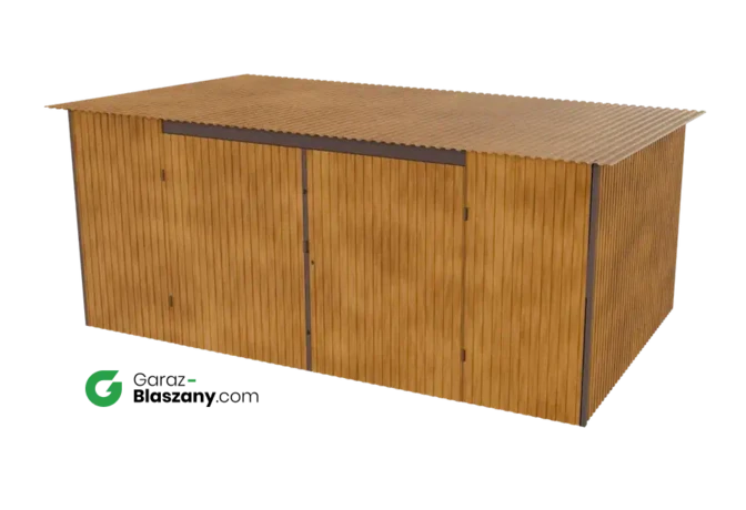 Garaż blaszany 5x3 drewnopodobny Złoty Dąb dach jednospadowy brama dwuskrzydłowa