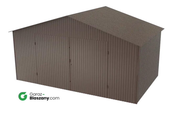 Garaż blaszany 5x3 brązowy BŁYSK dach dwuspadowy brama dwuskrzydłowa