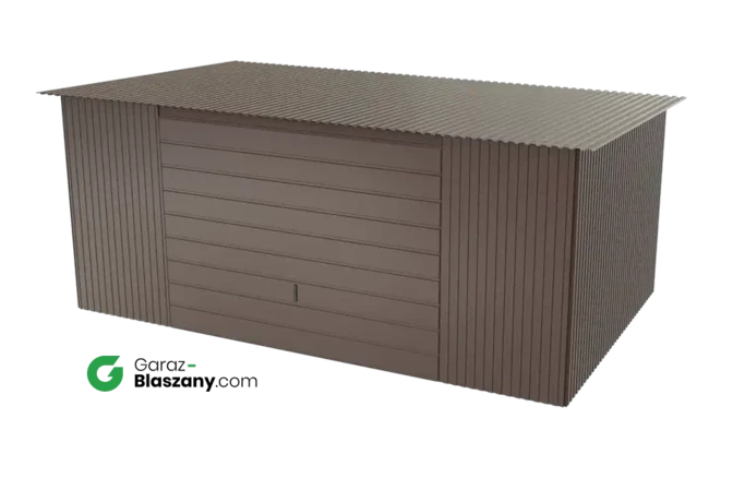 Garaż blaszany 5x3 brązowy BŁYSK dach jednospadowy brama uchylna