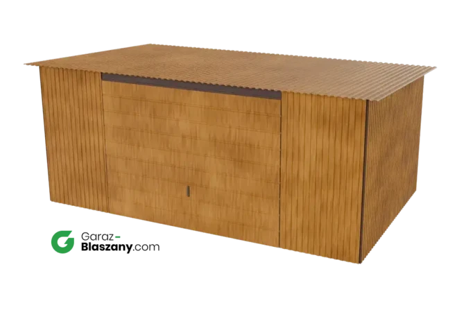 Garaż blaszany 5x3 drewnopodobny Złoty Dąb dach jednospadowy brama uchylna