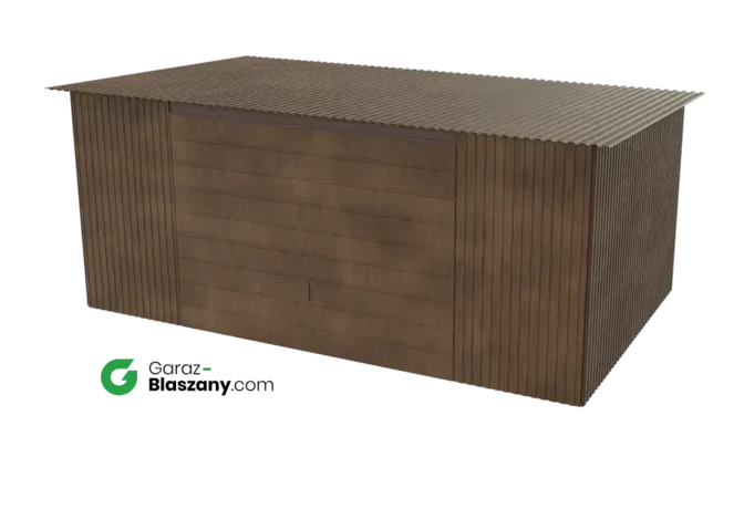 Garaż blaszany 5x3 drewnopodobny Orzech dach jednospadowy brama uchylna