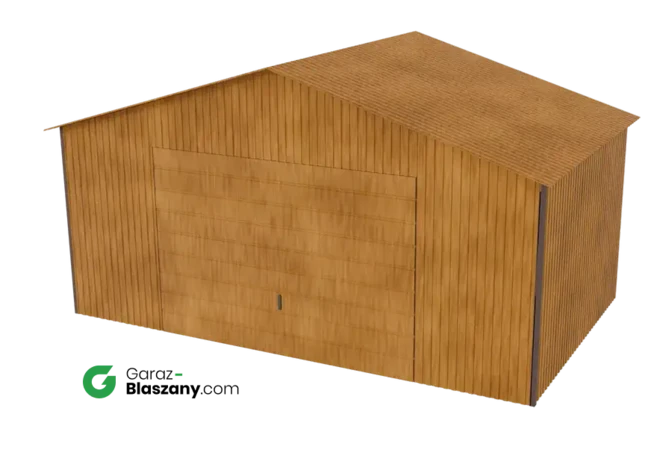 Garaż blaszany 5x3 drewnopodobny Złoty Dąb dach dwuspadowy brama uchylna