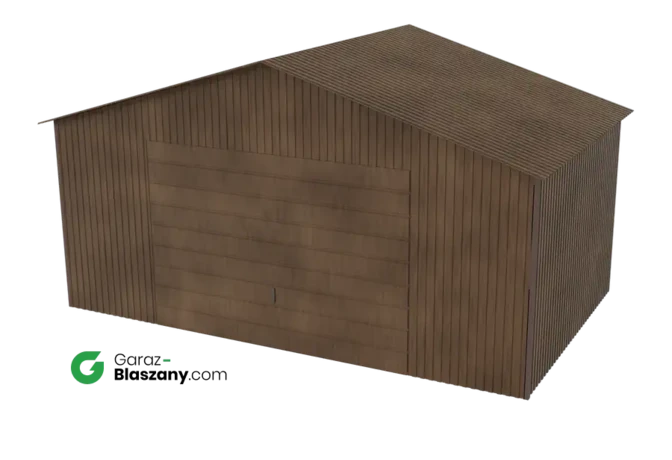 Garaż blaszany 5x3 drewnopodobny Orzech dach dwuspadowy brama uchylna