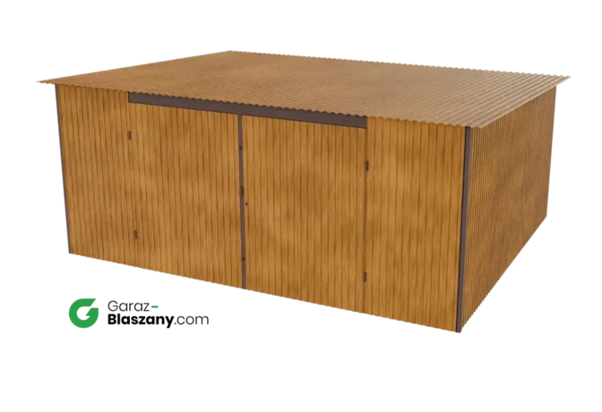 Garaż blaszany 5x4 drewnopodobny Złoty Dąb dach jednospadowy brama dwuskrzydłowa