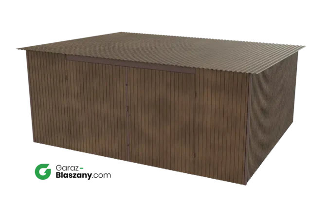 Garaż blaszany 5x4 drewnopodobny Orzech dach jednospadowy brama dwuskrzydłowa