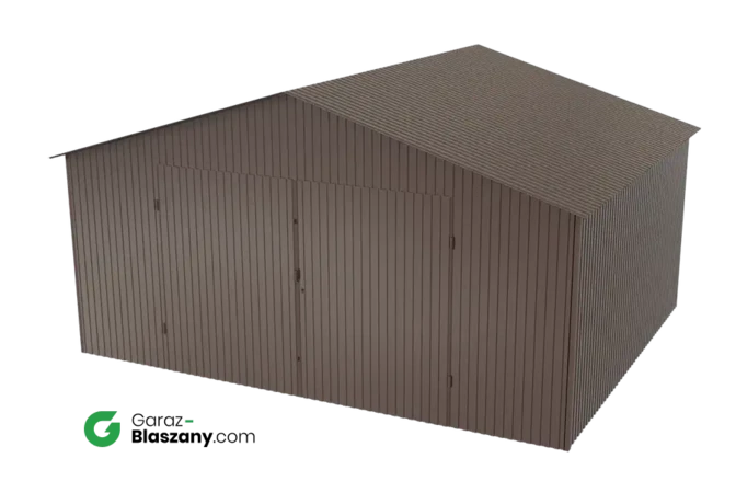 Garaż blaszany 5x4 brązowy BŁYSK dach dwuspadowy brama dwuskrzydłowa