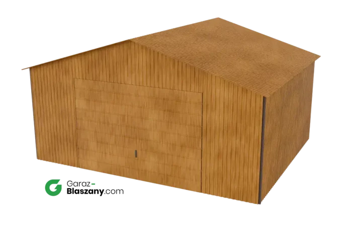 Garaż blaszany 5x4 drewnopodobny Złoty Dąb dach dwuspadowy brama uchylna