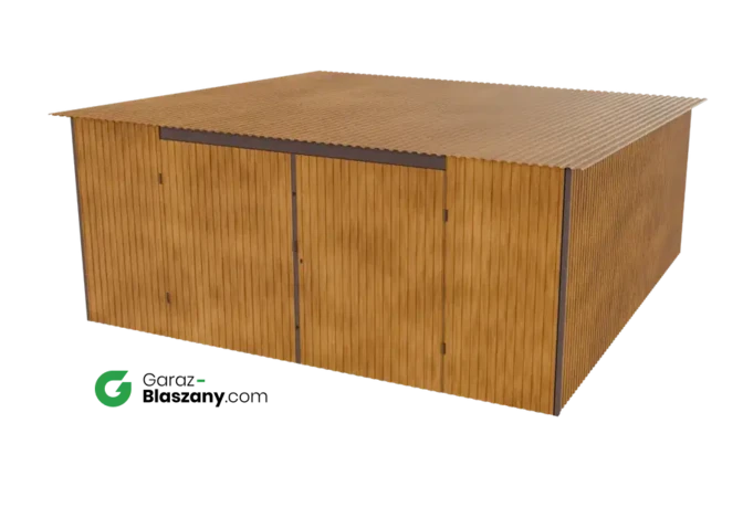 Garaż blaszany 5x5 drewnopodobny Złoty Dąb dach jednospadowy brama dwu skrzydłowa