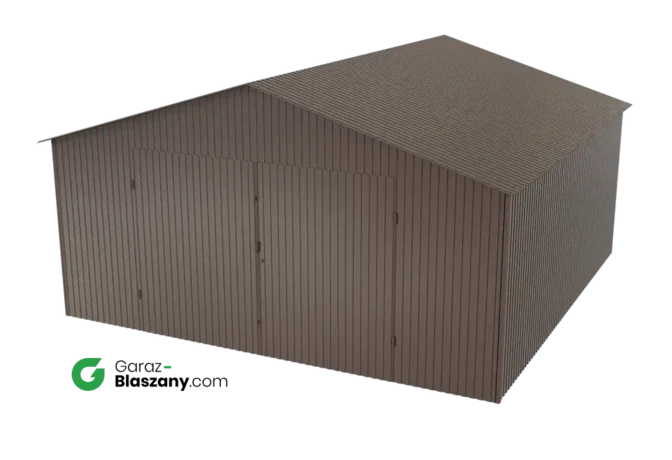 Garaż blaszany 5x5 brązowy BŁYSK dach dwuspadowy brama dwuskrzydłowa