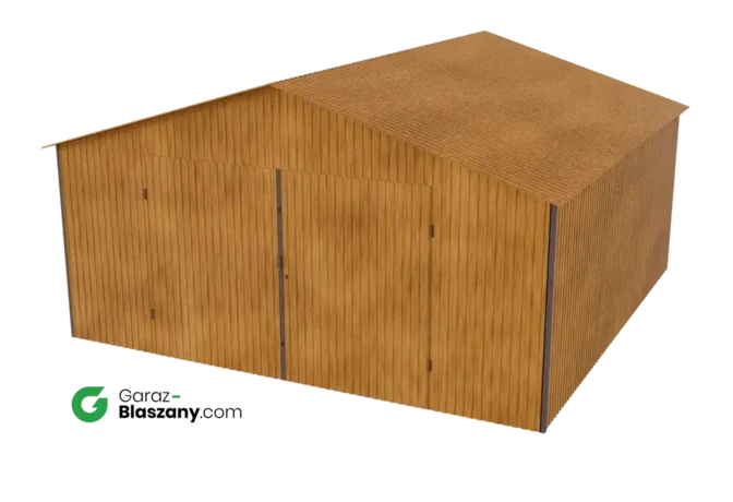 Garaż blaszany 5x5 drewnopodobny Złoty Dąb dach dwuspadowy brama dwuskrzydłowa