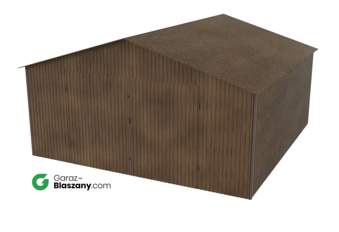 Garaż blaszany 5x5 drewnopodobny Orzech dach dwuspadowy brama dwuskrzydłowa