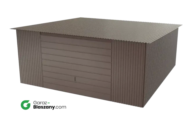 Garaż blaszany 5x5 brązowy BŁYSK dach jednospadowy brama uchylna