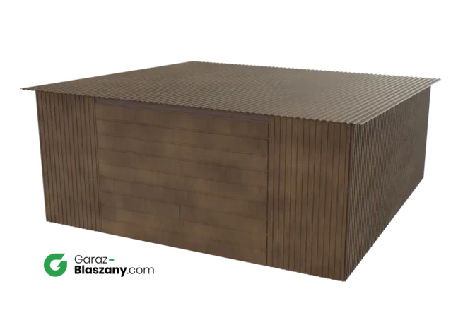 Garaż blaszany 5x5 drewnopodobny Orzech dach jednospadowy brama uchylna