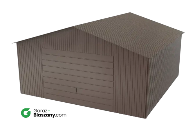 Garaż blaszany 5x5 brązowy BŁYSK dach dwuspadowy brama uchylna