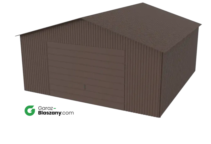 Garaż blaszany 5x5 brązowy MAT dach dwuspadowy brama uchylna
