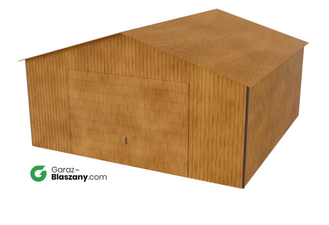 Garaż blaszany 5x5 drewnopodobny Złoty Dąb dach dwuspadowy brama uchylna