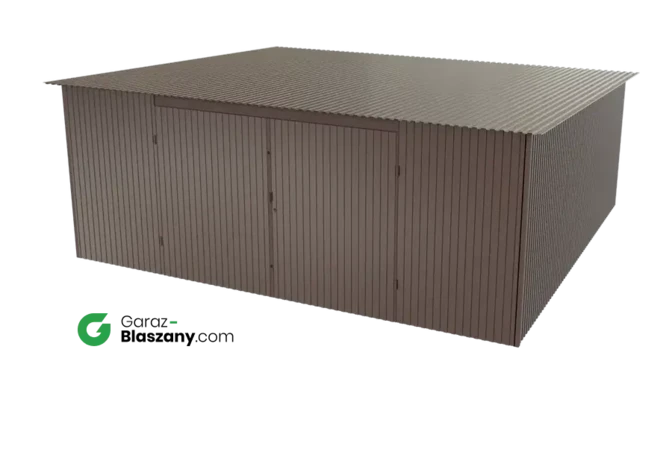 Garaż blaszany 5,5x5 brązowy BŁYSK dach jednospadowy brama dwuskrzydłowa