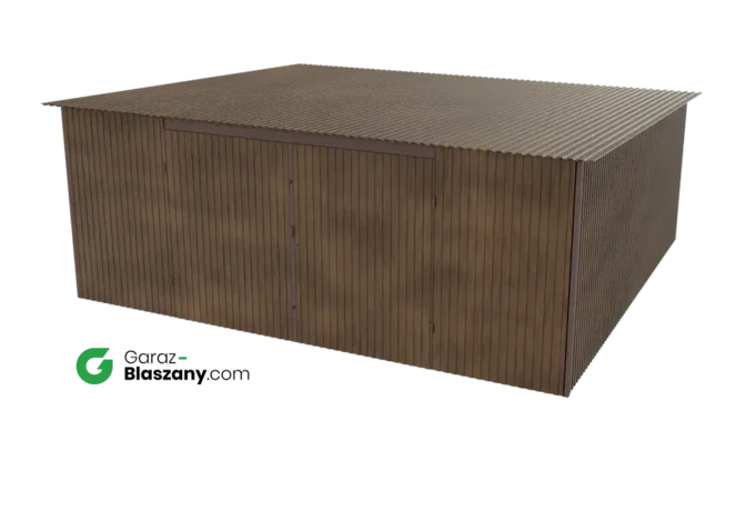 Garaż blaszany 5,5x5 drewnopodobny Orzech dach jednospadowy brama dwuskrzydłowa