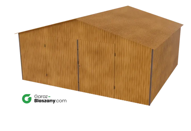 Garaż blaszany 5,5x5 drewnopodobny Złoty Dąb dach dwuspadowy brama dwuskrzydłowa