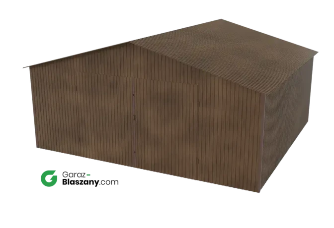 Garaż blaszany 5,5x5 drewnopodobny Orzech dach dwuspadowy brama dwuskrzydłowa