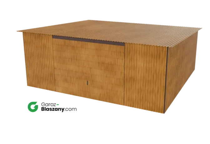 Garaż blaszany 5,5x5 drewnopodobny Złoty Dąb dach jednospadowy brama uchylna